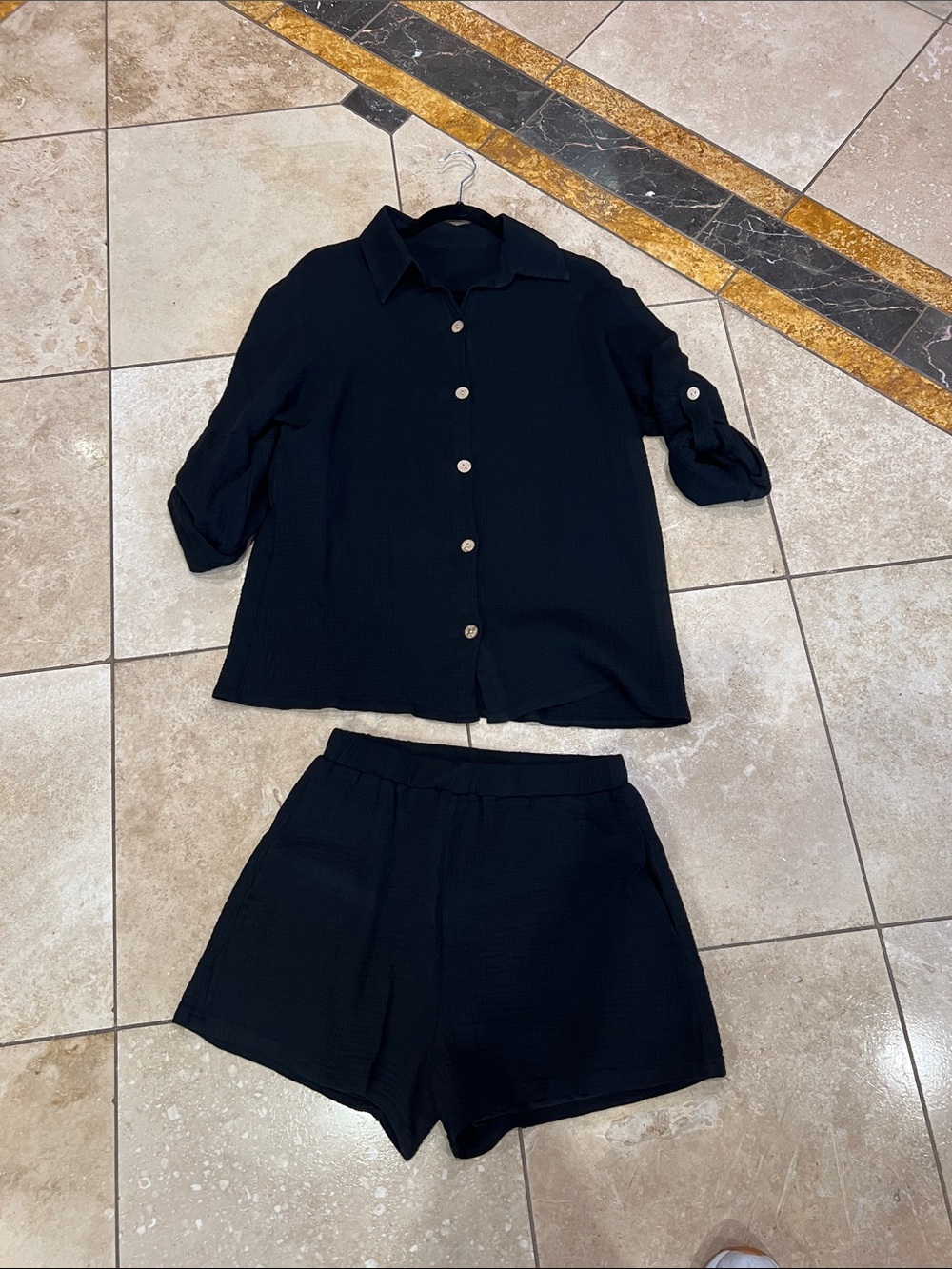Relaxed Black Button-Up Shirt with Elastic Waist Bermuda Shorts